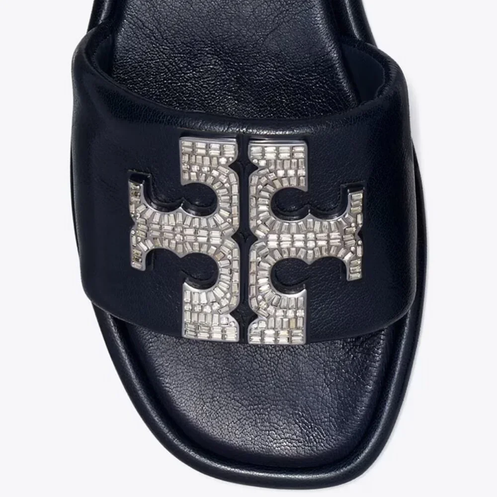 Tory Burch $258 DOUBLE T DECO SPORT SLIDE New Navy Rhinestones Embellished Flats